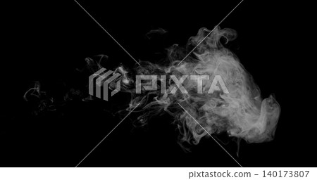 Detailed white smoke formation isolated on black background. Abstract swirling vapor with realistic texture and smooth flowing shapes, ideal for creative design, overlays and visual effects. 140173807