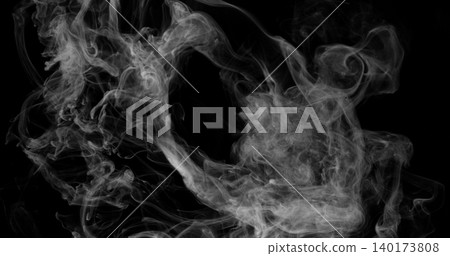Delicate white smoke wisps drifting across a dark background. Atmospheric abstract texture with soft swirling patterns, ideal for creative design, overlays and visual effects projects. 140173808