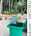 Hand of a woman throwing a bag into the green trash container on the beach 140173812