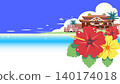 沖繩海、首里城和芙蓉花的向量插圖背景。 140174018