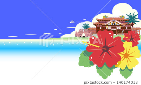 沖繩海、首里城和芙蓉花的向量插圖背景。 140174018