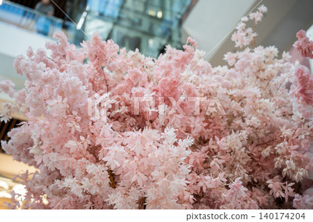 Pink blossom branches fill a decorative indoor display in a shopping mall with dense floral details and soft pastel colors. Retail decoration and lifestyle scene Pink blossom branches fill a decorative indoor display in a shopping mall with dense floral details and soft pastel colors. Retail decoration and lifestyle scene 140174204
