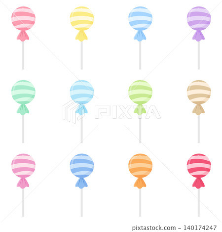 Cute Pastel Lollipop Candy Set with Colorful Sweet Treats Collection Isolated on White Background 140174247