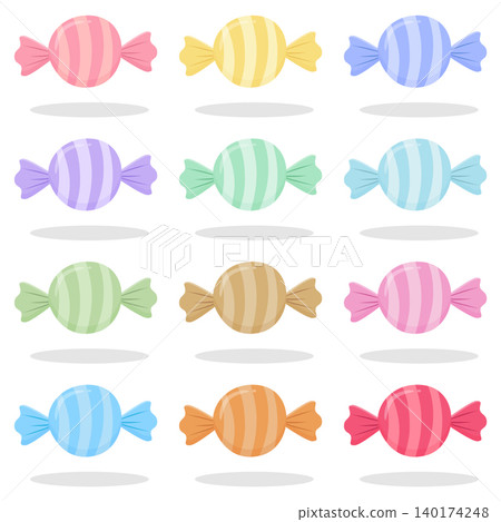 Cute Pastel Wrapped Candy Set with Colorful Sweet Candies Collection Isolated on White Background 140174248