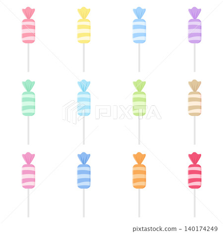Cute Pastel Lollipop Candy Collection with Colorful Striped Sweet Treats Isolated on White Background Cute Pastel Lollipop Candy Collection with Colorful Striped Sweet Treats Isolated on White Background 140174249