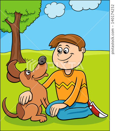 happy cartoon boy character with his cute dog happy cartoon boy character with his cute dog 140174252