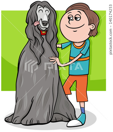 cartoon teen boy character with his afghan hound dog cartoon teen boy character with his afghan hound dog 140174253