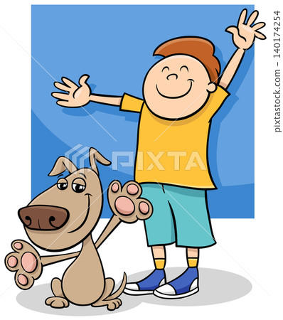 happy cartoon little boy character with his pet dog happy cartoon little boy character with his pet dog 140174254