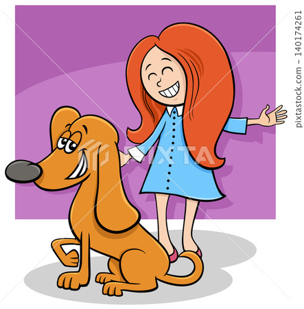 cartoon happy little girl with funny brown dog character cartoon happy little girl with funny brown dog character 140174261