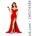 Woman red dress vector holding rose 140174389