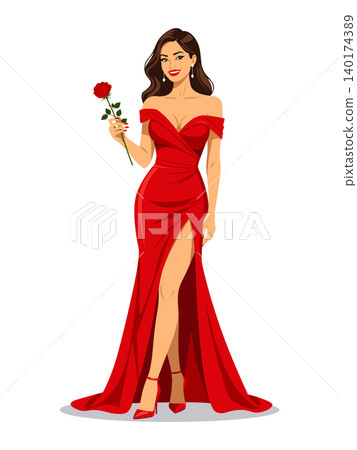 Woman red dress vector holding rose Woman red dress vector holding rose 140174389