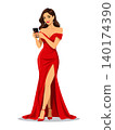 Woman red dress vector holding smartphone 140174390