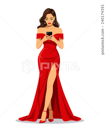 Woman red dress vector using smartphone Woman red dress vector using smartphone 140174391