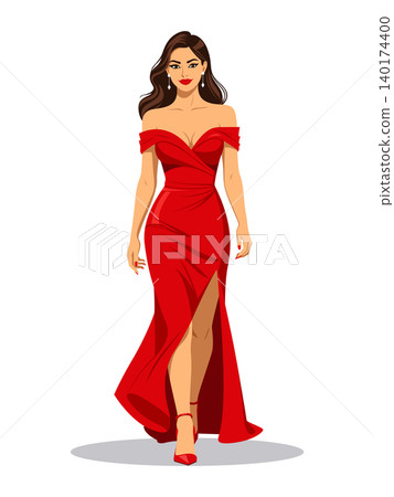 Woman red dress vector walking forward Woman red dress vector walking forward 140174400