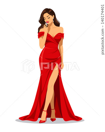 Woman red dress vector applying lipstick 140174401