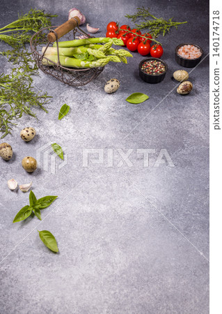 Fresh ingredients for healthy cooking on gray background Fresh ingredients for healthy cooking on gray background 140174718