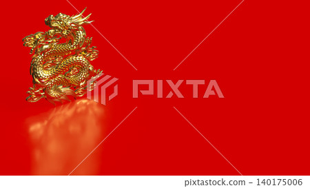 Golden Chinese Dragon On Red Background 3d render. Golden Chinese Dragon On Red Background 3d render. 140175006