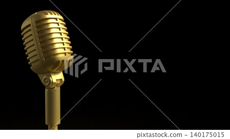Golden Retro Microphone On Dark Stage 3d render. Golden Retro Microphone On Dark Stage 3d render. 140175015