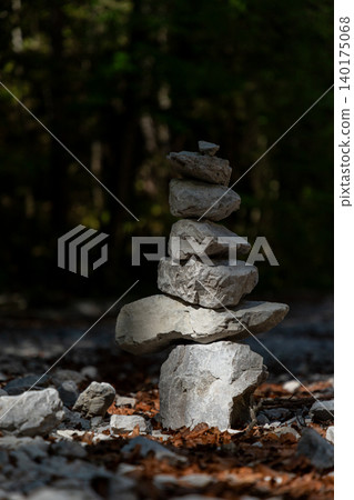 Stacked Stone Cairn in Quiet Bavarian Forest Stacked Stone Cairn in Quiet Bavarian Forest 140175068