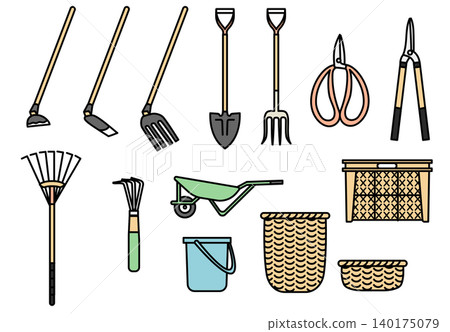 插圖素材:一套各種園藝工具和農具的圖示插圖。 插圖素材:一套各種園藝工具和農具的圖示插圖。 140175079
