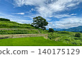 Footpaths spread across the rural landscape of Japan, and mountain ranges under a clear blue sky. 140175129