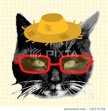 Funny vector halftone black cat face with sunglasses and straw hat, fun animal collage for summer designs, posters and holiday banners Funny vector halftone black cat face with sunglasses and straw hat, fun animal collage for summer designs, posters and holiday banners 140175144