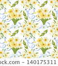 Seamless pattern. Daffodil flowers, green and yellow twigs, leaves, blue bows, ribbons. In a flat style. Watercolor, pastel, gouache. Design element for products, prints, textiles, wallpapers printing 140175311