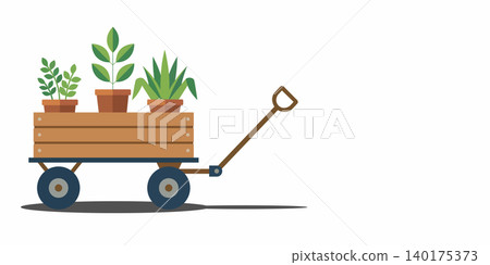 Wooden garden wagon cart carrying three potted plants with transport illustration agriculture delivery container decorative houseplant seasonal gardening landscaping miniature isolated 140175373