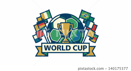 Soccer world cup trophy logo with international flags football tournament competition championship international illustration celebration countries athletic achievement colorful Soccer world cup trophy logo with international flags football tournament competition championship international illustration celebration countries athletic achievement colorful 140175377