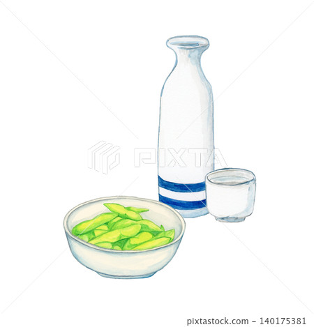 手繪水彩插圖,描繪了毛豆和清酒(清酒瓶和清酒杯)。 手繪水彩插圖,描繪了毛豆和清酒(清酒瓶和清酒杯)。 140175381