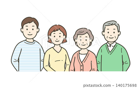 An illustration showing the upper bodies of an elderly couple and a young couple smiling together. An illustration showing the upper bodies of an elderly couple and a young couple smiling together. 140175698