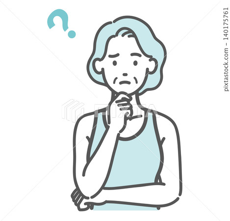 一幅插圖,描繪了一位身穿運動服的老婦人擺出一個似乎在思考或煩惱的姿勢。 一幅插圖,描繪了一位身穿運動服的老婦人擺出一個似乎在思考或煩惱的姿勢。 140175761