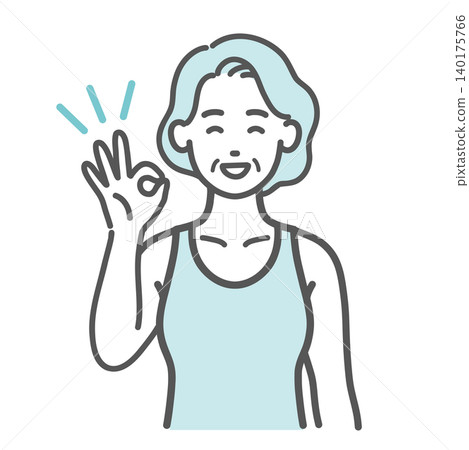 一幅插圖，描繪了一位身穿運動服的老婦人做出OK手勢。 140175766