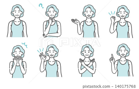 A set of 8 illustrations depicting the expressions and poses of senior women wearing sportswear. A set of 8 illustrations depicting the expressions and poses of senior women wearing sportswear. 140175768