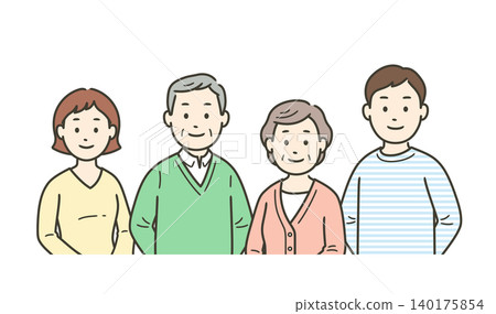An illustration showing the upper bodies of an elderly couple and a young couple smiling together. An illustration showing the upper bodies of an elderly couple and a young couple smiling together. 140175854