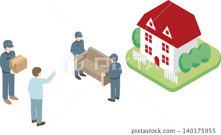 Isometric illustration of a moving company employee, a man, moving, new life, real estate, person, cityscape, house, material. Isometric illustration of a moving company employee, a man, moving, new life, real estate, person, cityscape, house, material. 140175955