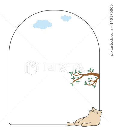 畫面中一隻貓在樹枝間悠閒地休息;豎幅自然背景圖。 畫面中一隻貓在樹枝間悠閒地休息;豎幅自然背景圖。 140176009
