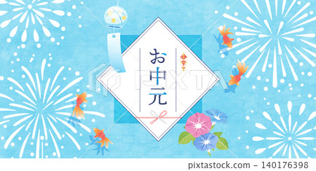 一幅日式夏季背景向量插圖,描繪了水引(裝飾繩)和金魚,適合作為年中禮物。 一幅日式夏季背景向量插圖,描繪了水引(裝飾繩)和金魚,適合作為年中禮物。 140176398