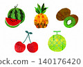 Collage-style hand-drawn summer fruit set (watermelon, pineapple, kiwi, cherry, melon) 140176420