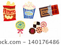 Collage-style handwritten snack set (chips, popcorn, chocolate, candy, cookies) 140176486