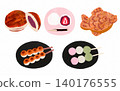 Collage-style hand-drawn Japanese sweets set (dorayaki, strawberry daifuku, taiyaki, mitarashi dango, sanshoku dango) 140176555