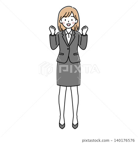 一位女上班族（全身像）擺出勝利姿勢的向量插圖。 140176576