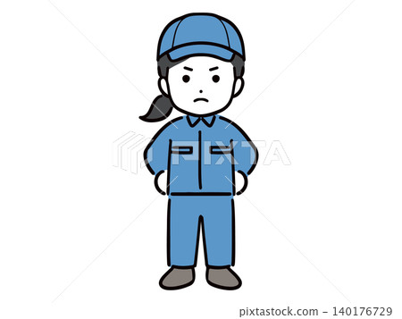 A young female worker standing defiantly (full body, front view) A young female worker standing defiantly (full body, front view) 140176729