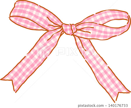 Retro Pink Gingham Ribbon Bow Whimsical Hand Drawn Doodle 140176733