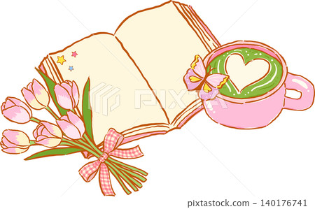 Whimsy Matcha Latte Bookish with Opened Book and Tulip Flowers Inky Hand Drawn Whimsy Matcha Latte Bookish with Opened Book and Tulip Flowers Inky Hand Drawn 140176741