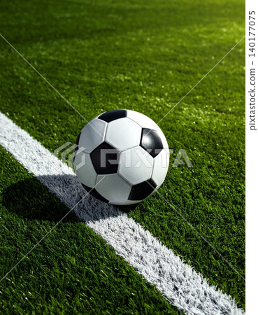 Classic black and white soccer ball on a lush green grass field Classic black and white soccer ball on a lush green grass field 140177075