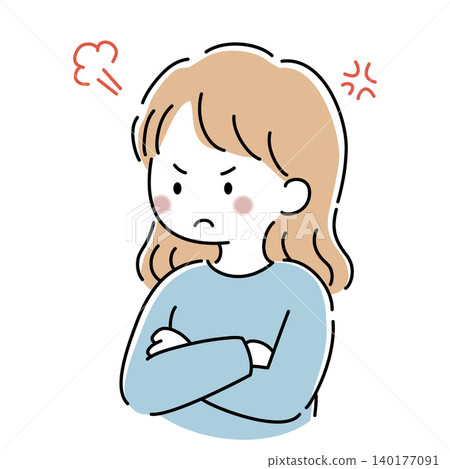 一位雙臂交叉的憤怒女性的向量插圖。 一位雙臂交叉的憤怒女性的向量插圖。 140177091