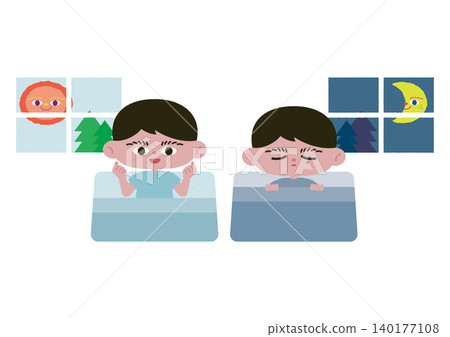 A set of vector illustrations of a boy waking up refreshed. A set of vector illustrations of a boy waking up refreshed. 140177108