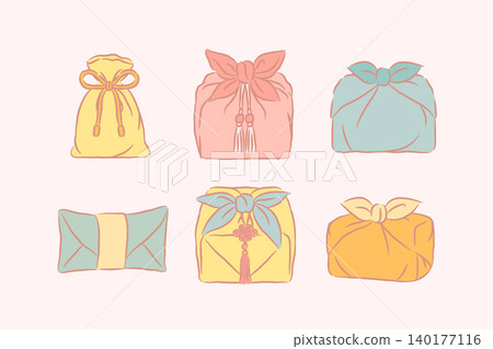 Kawaii Soft Pastel Hand Drawn Korean Traditional Bojagi Pouch Gift Element Illustration Set 140177116