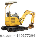 A cutout of a small yellow hydraulic excavator viewed from the rear at an angle. 140177294